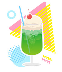 さくらんぼが乗ったメロンクリームソーダのイラスト　可愛いカラフルポップな背景入り