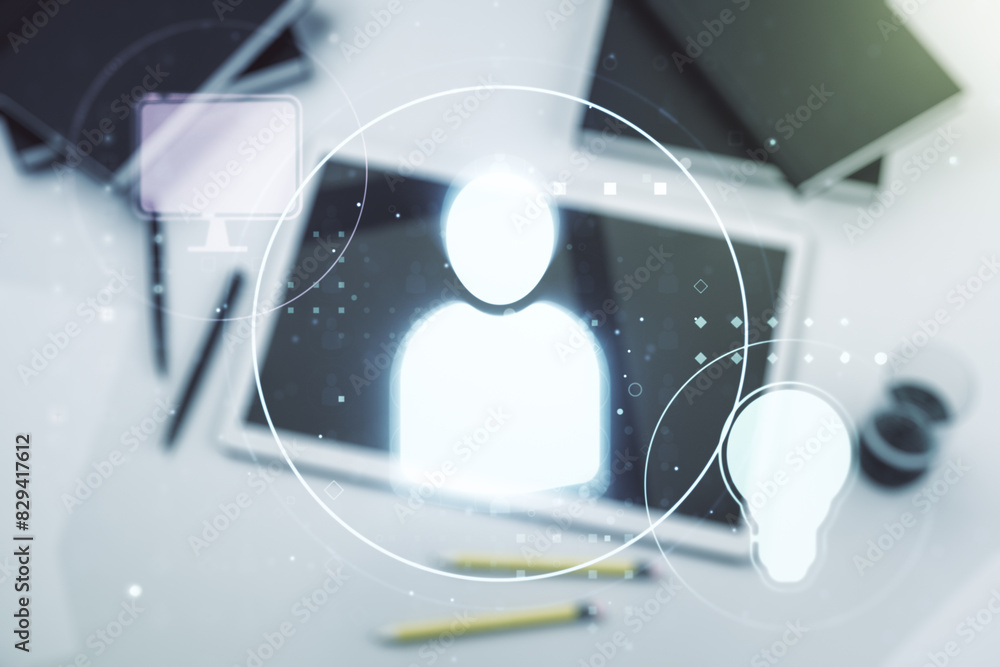 Poster double exposure of social network icons concept and digital tablet on background, top view. marketin