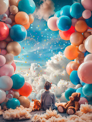 Colorful balloons, fluffy clouds, twinkling stars around man Arch with a stent, big kids toys scattered, cheerful teddy bear.Arch featuring a stent, colorful balloons drifting