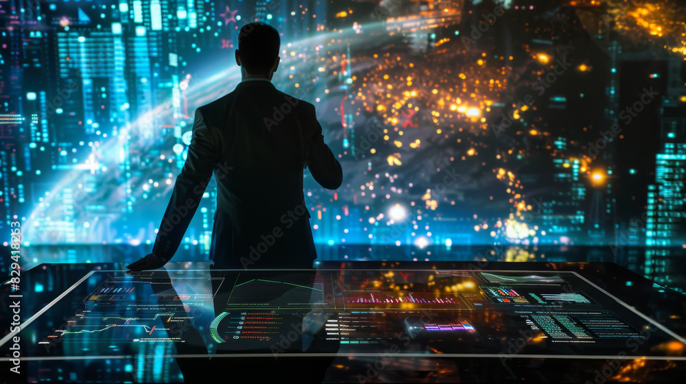 Poster businessman in a modern office, analyzing data on a futuristic digital interface with a cityscape ba