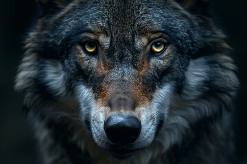 A black and grey wolf face with yellow eyes, high quality, high resolution