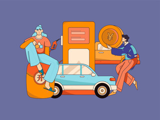 Vector Internet operation hand-drawn illustration of people getting discounts for refueling their cars
