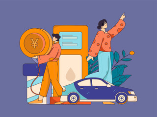 Vector Internet operation hand-drawn illustration of people getting discounts for refueling their cars
