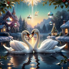swans on the lake in winter, in a Christmas village with crystal baubles hanging above