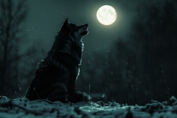 Digital image of wolf on a moonlit night at the moon howling, high quality, high resolution