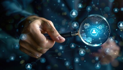 Magnifying glass in businessman&rsquo;s hand finding customer icons. Concept of market research and target audience.