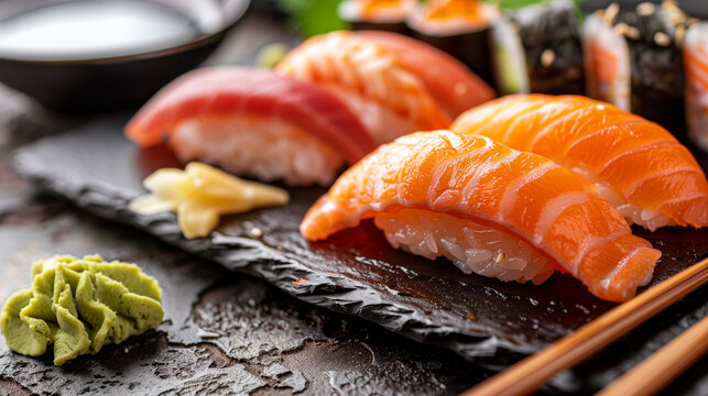 Close-up of Japanese sushi set on a black stone plate with wasabi and ginger - Powered by Adobe