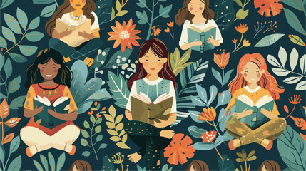 Seamless pattern with girls reading a books. Vector illustration