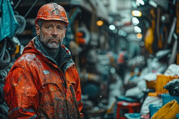 Obraz premium A striking and empowering photograph of garbage truck driver in full body. created with Generative AI technology