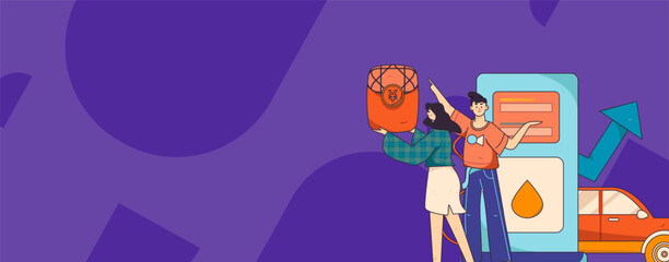 Vector Internet operation hand-drawn illustration of people getting discounts for refueling their cars
