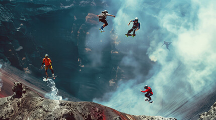 An extreme sports competition with jetpack-powered skateboarders performing tricks over a volcano crater 