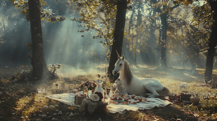 A fantasy picnic with mythical creatures like unicorns and fairies sharing enchanted treats in a misty forest 