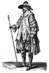 engraving of costume of man 17 century isolated on white background 