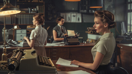  A vintage 1950s-style office scene with typewriters, rotary phones, and employees in period attire  - Powered by Adobe