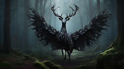 Fototapeta premium In the depths of a dark forest, a majestic creature exudes an air of elegance and grace, angel wings on black background