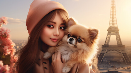 Pomeranian dog, Asian women hug a Pomeranian dog