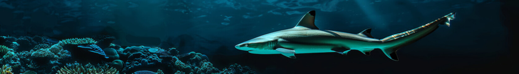 Lone Reef Shark Near a Coral Bed with Sunlit Background