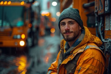 Obraz premium A striking and empowering photograph of garbage truck driver in full body. created with Generative AI technology