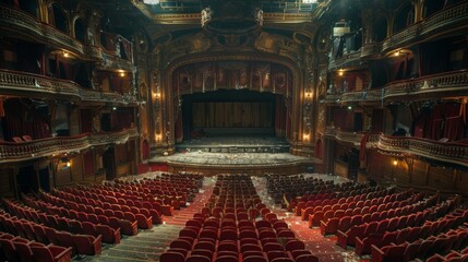 Naklejka premium A theater stage captured from the balcony shows the grand, empty space with intricate architectural details and rows of plush red seats leading up to the stage, highlighting the theater's grandeur.