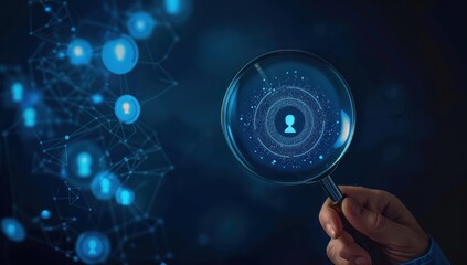 Businessman holding magnifying glass with customer icons. Target audience and market research concept.