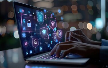 Fototapeta premium Man using laptop with floating security icons. Concept of digital privacy and online protection.