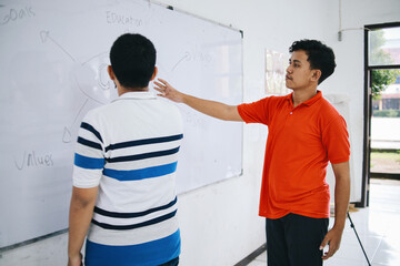 School Asian Teacher Helping Student Writing On White Board Solving Math Problem In Classroom.