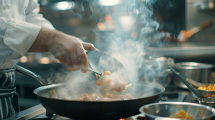 male chef in uniform decorating meat ,generative ai