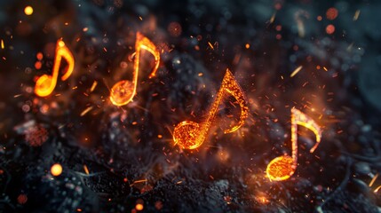 Glowing grunge music sheets notes on beautiful lights bokeh background.