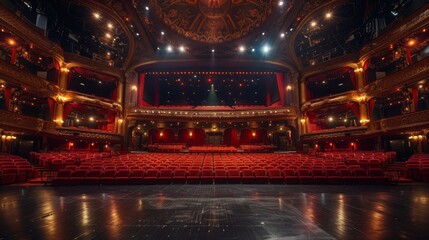Obraz premium A theater stage captured from the balcony shows the grand, empty space with intricate architectural details and rows of plush red seats leading up to the stage, highlighting the theater's grandeur.