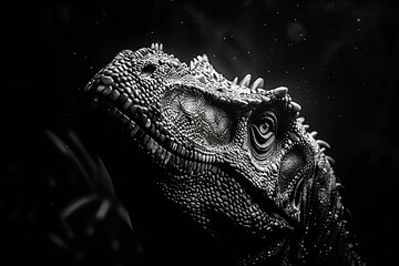 Digital artwork of  black and white photo of a dinosaur in a dark background