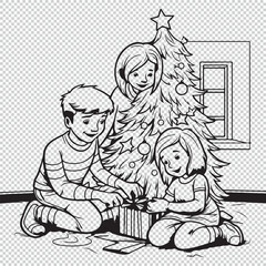 Family at christmas eve, black vector illustration for kids coloring book on transparent background