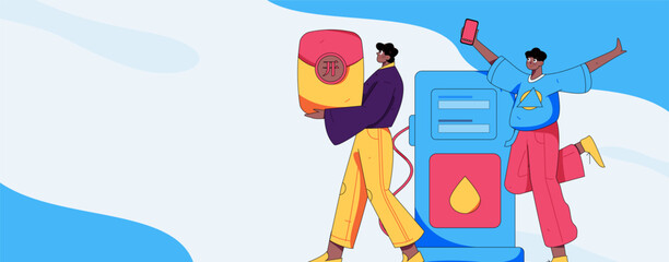 Vector Internet operation hand-drawn illustration of people getting discounts for refueling their cars
