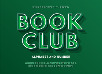 Green volumetric 3d alphabet with a thin outline. Chic urban 3D font with signs, symbols and numbers. Book club