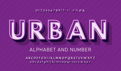 Violet volumetric 3d alphabet with a thin outline. Chic urban 3D font with signs, symbols and numbers.