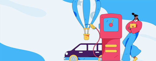 Vector Internet operation hand-drawn illustration of people getting discounts for refueling their cars
