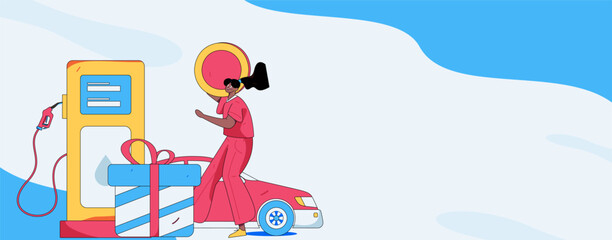 Vector Internet operation hand-drawn illustration of people getting discounts for refueling their cars

