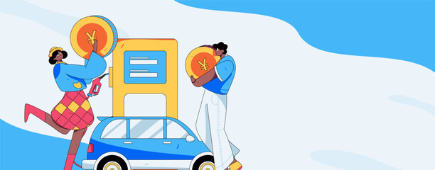 Vector Internet operation hand-drawn illustration of people getting discounts for refueling their cars
