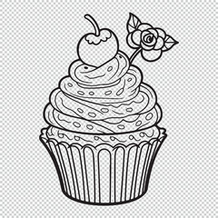 Cupcake doodle design, black vector illustration on transparent background