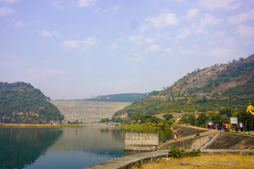 Fototapeta premium landscape with lake and mountains. VIew of Lahariya dam and mountains