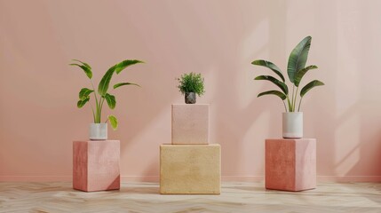  Three planters aligned on a wooden floor, flanked by a pink wall A solitary potted plant sits amongst them