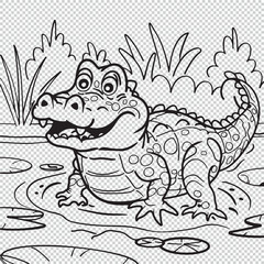 Cute cartoon baby alligator design for kids coloring book, black vector illustration on transparent background
