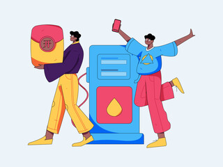 Vector Internet operation hand-drawn illustration of people getting discounts for refueling their cars
