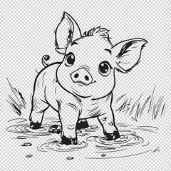 Cute cartoon baby pig design for kids coloring book, black vector illustration on transparent background