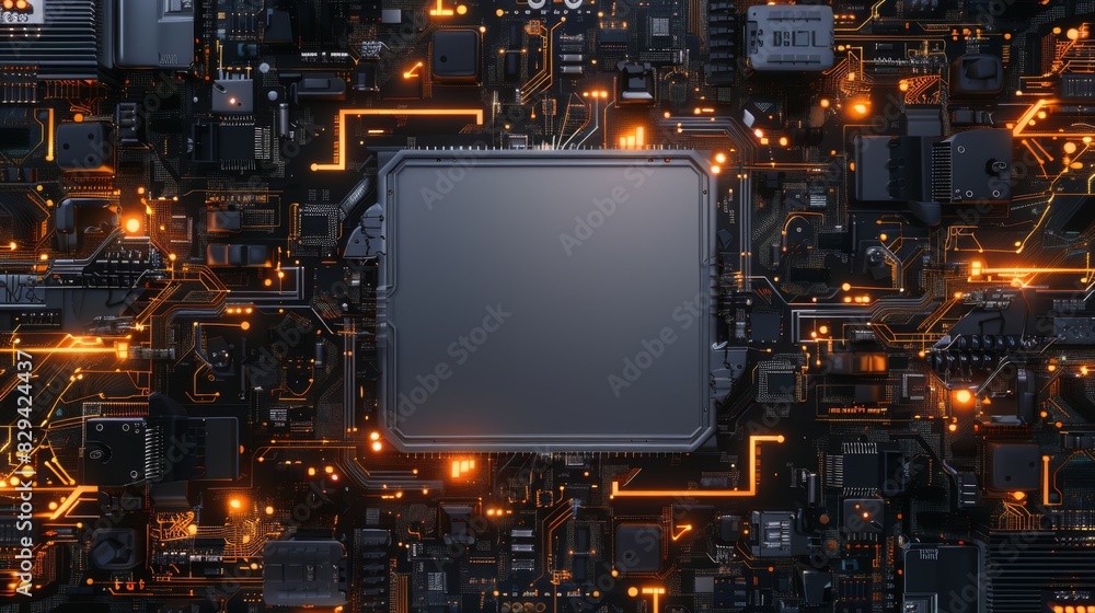 Poster high-tech circuit board with glowing components and central processor unit (cpu)
