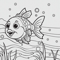 Fototapeta premium Cute fish cartoon mascot, black vector illustration on transparent background
