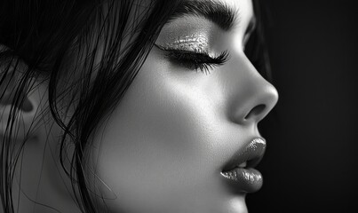 Fototapeta premium beautiful woman, side face, long eyelashes, shiny lips, black and white created with Generative AI technology