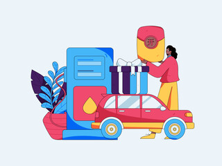 Naklejka premium Vector Internet operation hand-drawn illustration of people getting discounts for refueling their cars 