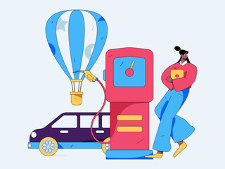 Vector Internet operation hand-drawn illustration of people getting discounts for refueling their cars
