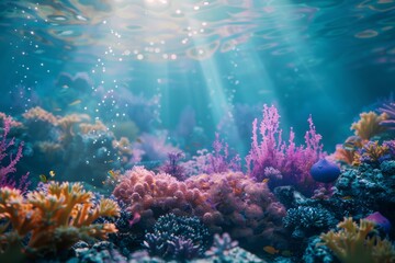 A coral reef at dawn, with the light creating a mystical underwater atmosphere