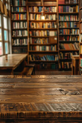 A wooden counter in the foreground with a blurred background of a vintage bookstore. The background includes tall bookshelves filled with old books, and comfortable reading nooks.